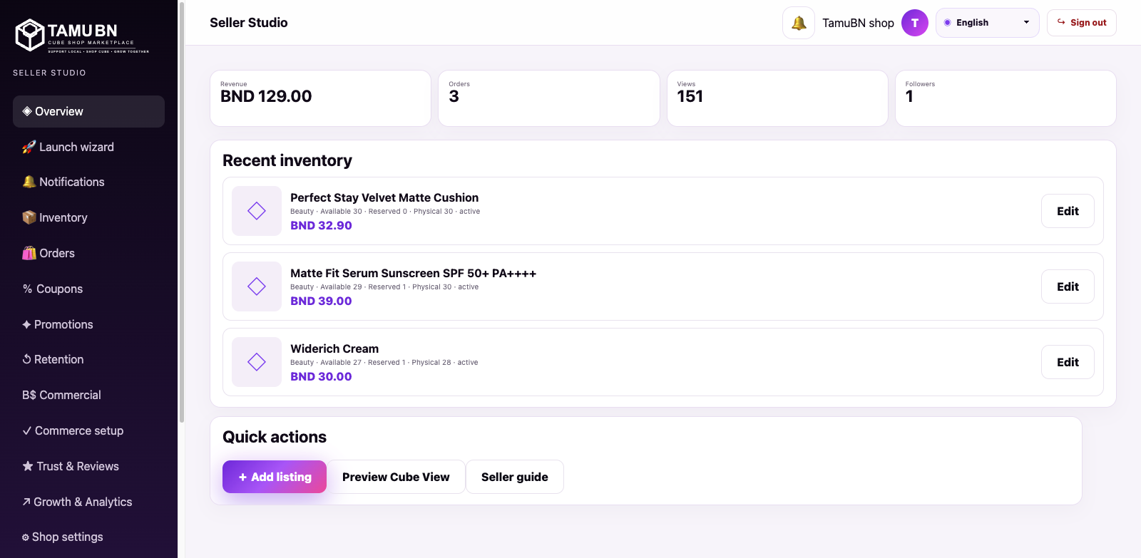 TamuBN Seller Studio dashboard
